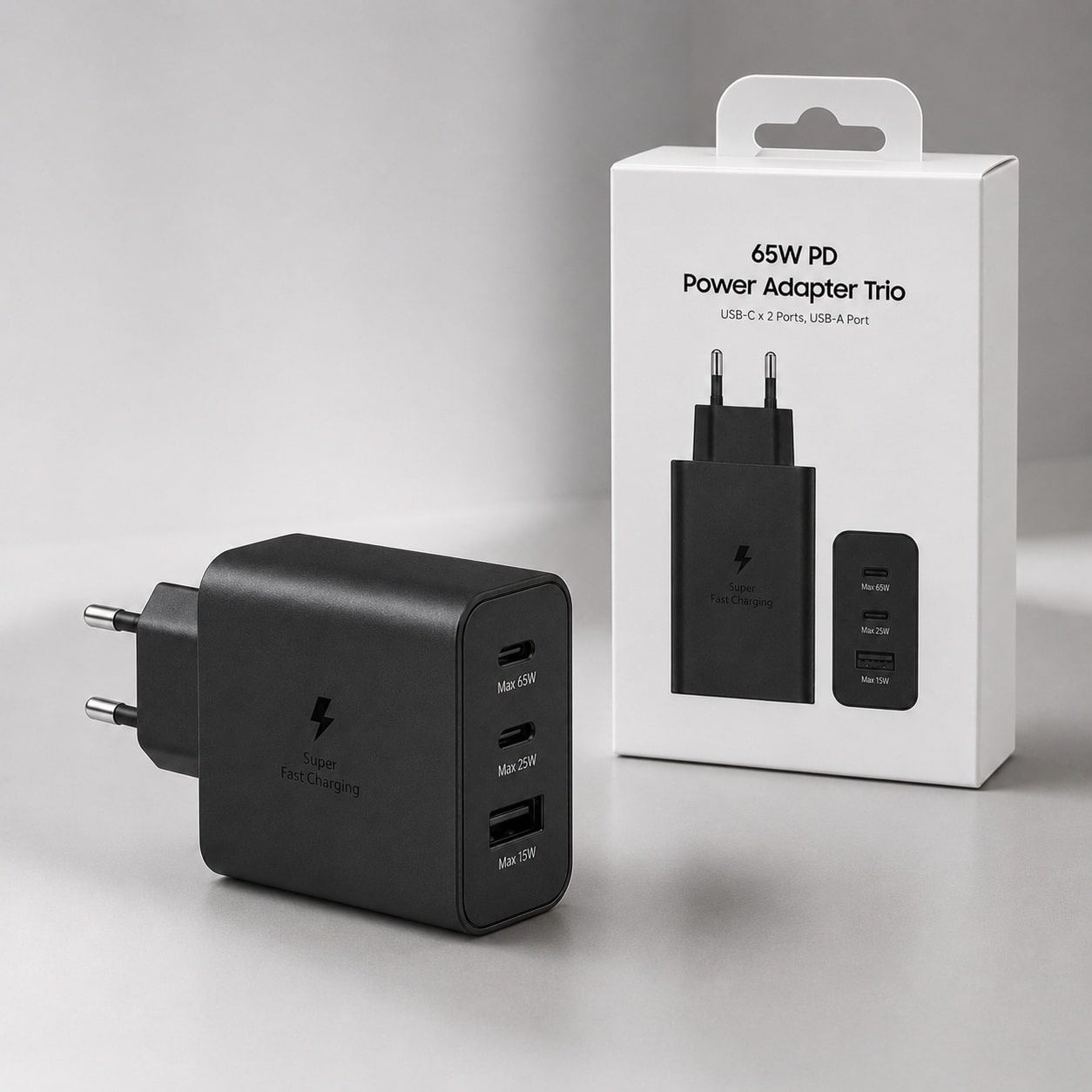 Karikues 65W PD Power Adapter Trio – 2x USB-C + 1x USB-A, Super Fast Charging, Prizë EU – i zi