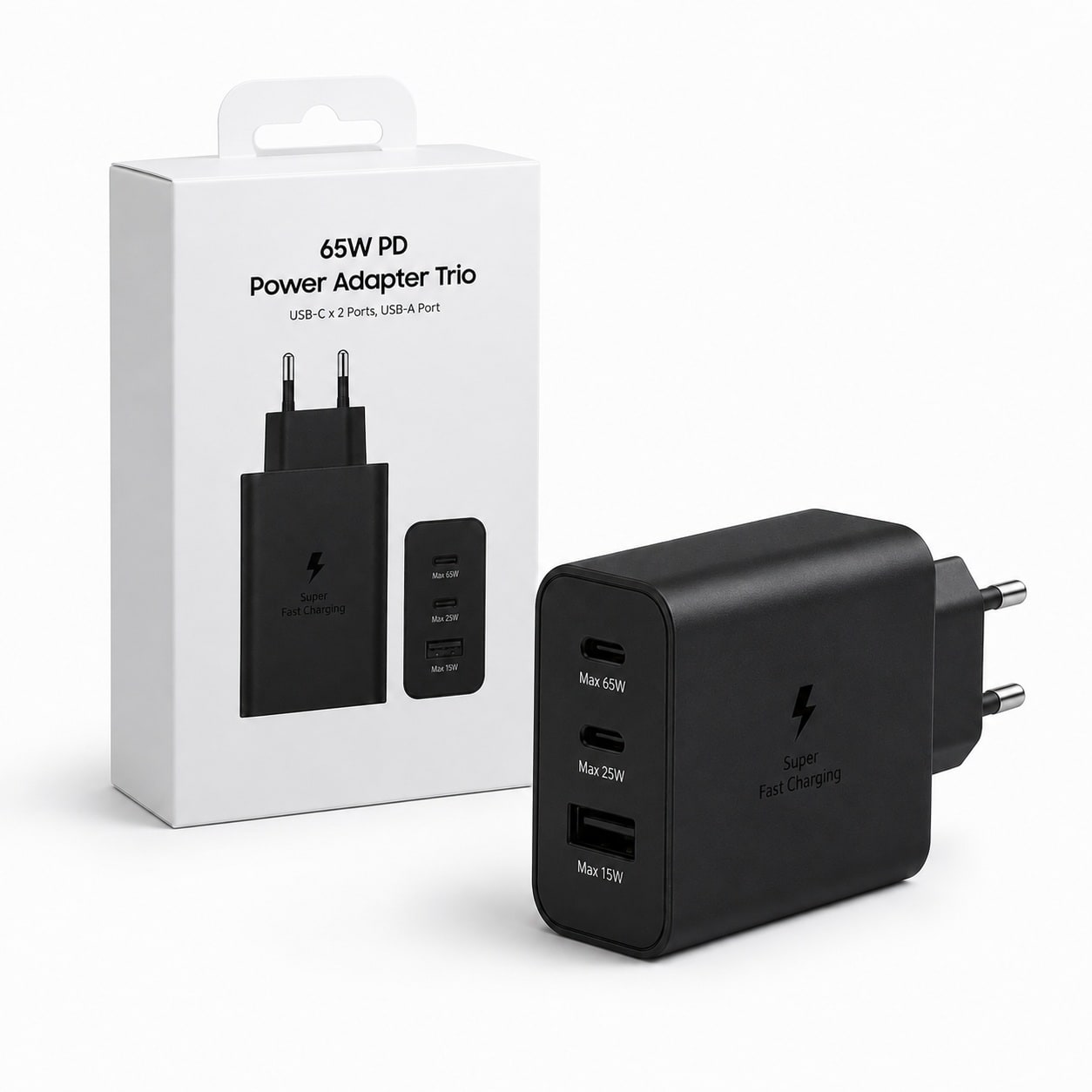 Karikues 65W PD Power Adapter Trio – 2x USB-C + 1x USB-A, Super Fast Charging, Prizë EU – i zi - foto 2
