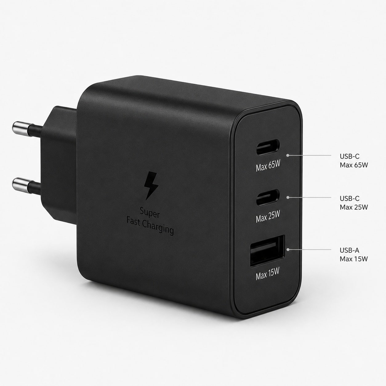 Karikues 65W PD Power Adapter Trio – 2x USB-C + 1x USB-A, Super Fast Charging, Prizë EU – i zi - foto 3