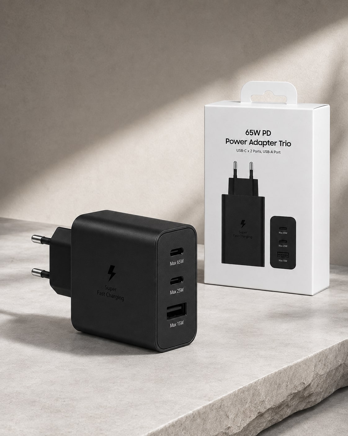 Karikues 65W PD Power Adapter Trio – 2x USB-C + 1x USB-A, Super Fast Charging, Prizë EU – i zi - foto 5