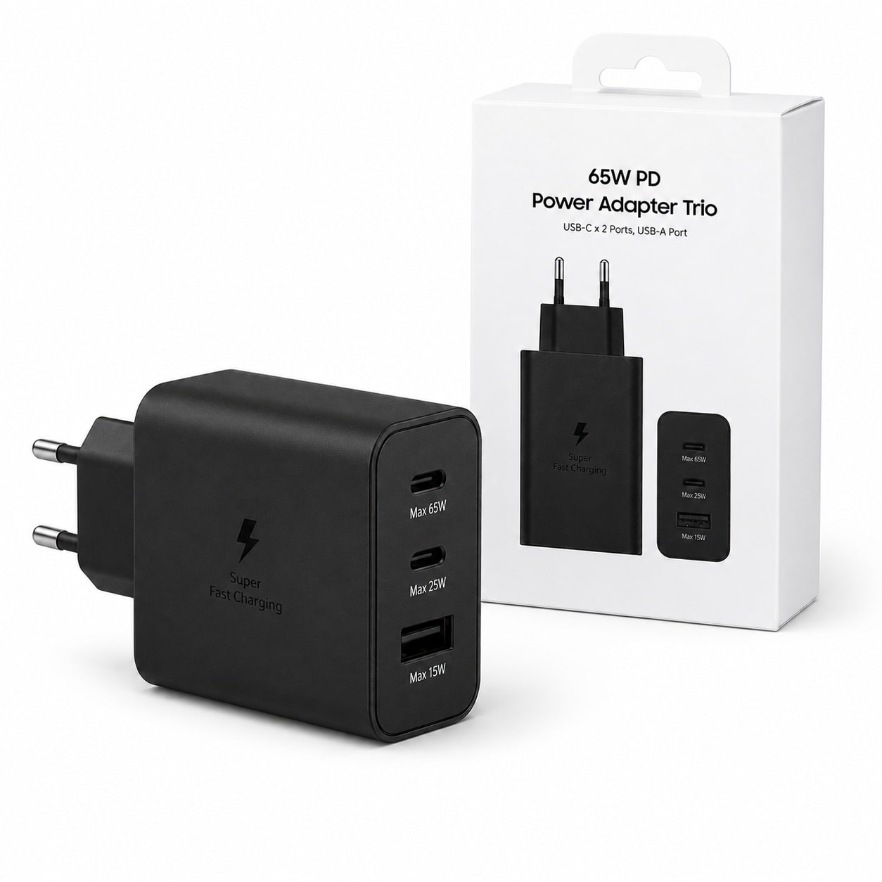 Karikues 65W PD Power Adapter Trio – 2x USB-C + 1x USB-A, Super Fast Charging, Prizë EU – i zi - foto 6