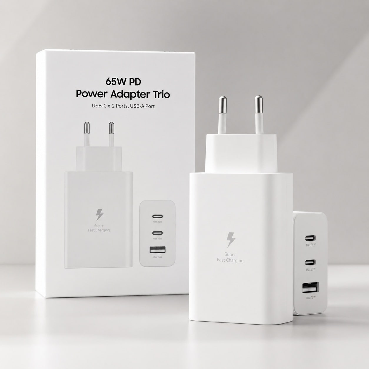 Karikues 65W PD Power Adapter Trio – 2x USB-C + 1x USB-A, Super Fast Charging, Prizë EU – e bardhë