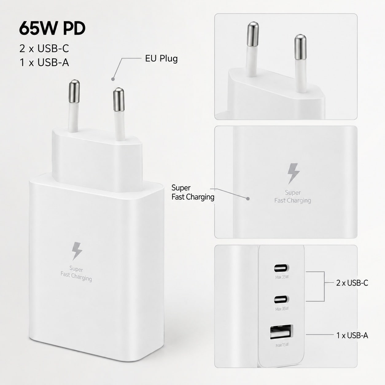 Karikues 65W PD Power Adapter Trio – 2x USB-C + 1x USB-A, Super Fast Charging, Prizë EU – e bardhë - foto 3