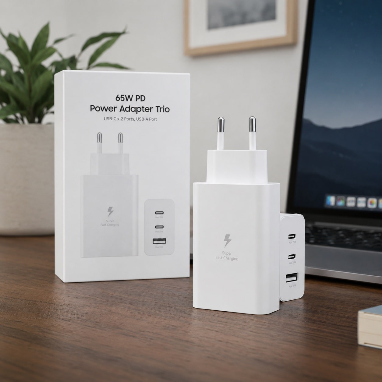 Karikues 65W PD Power Adapter Trio – 2x USB-C + 1x USB-A, Super Fast Charging, Prizë EU – e bardhë - foto 4