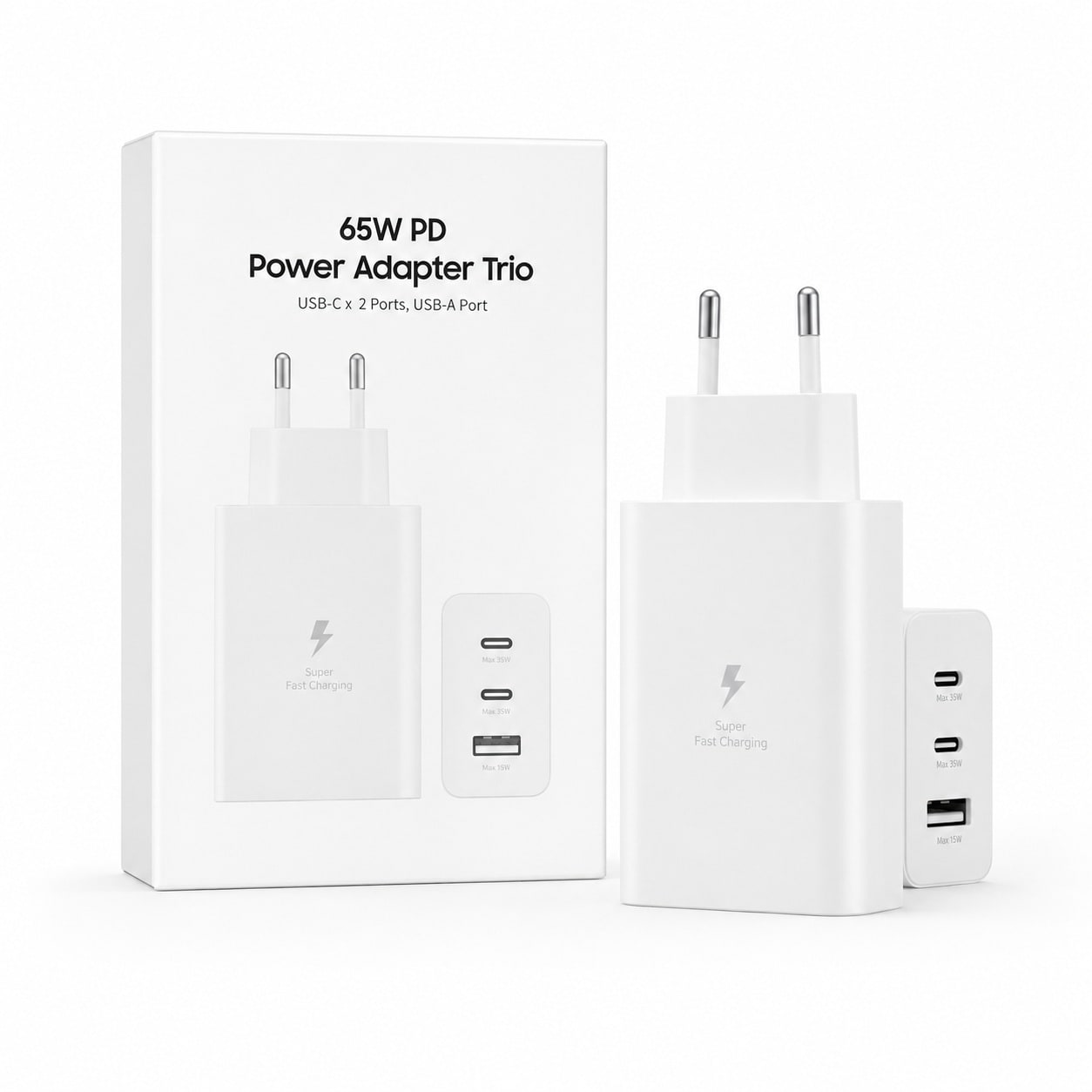 Karikues 65W PD Power Adapter Trio – 2x USB-C + 1x USB-A, Super Fast Charging, Prizë EU – e bardhë - foto 6