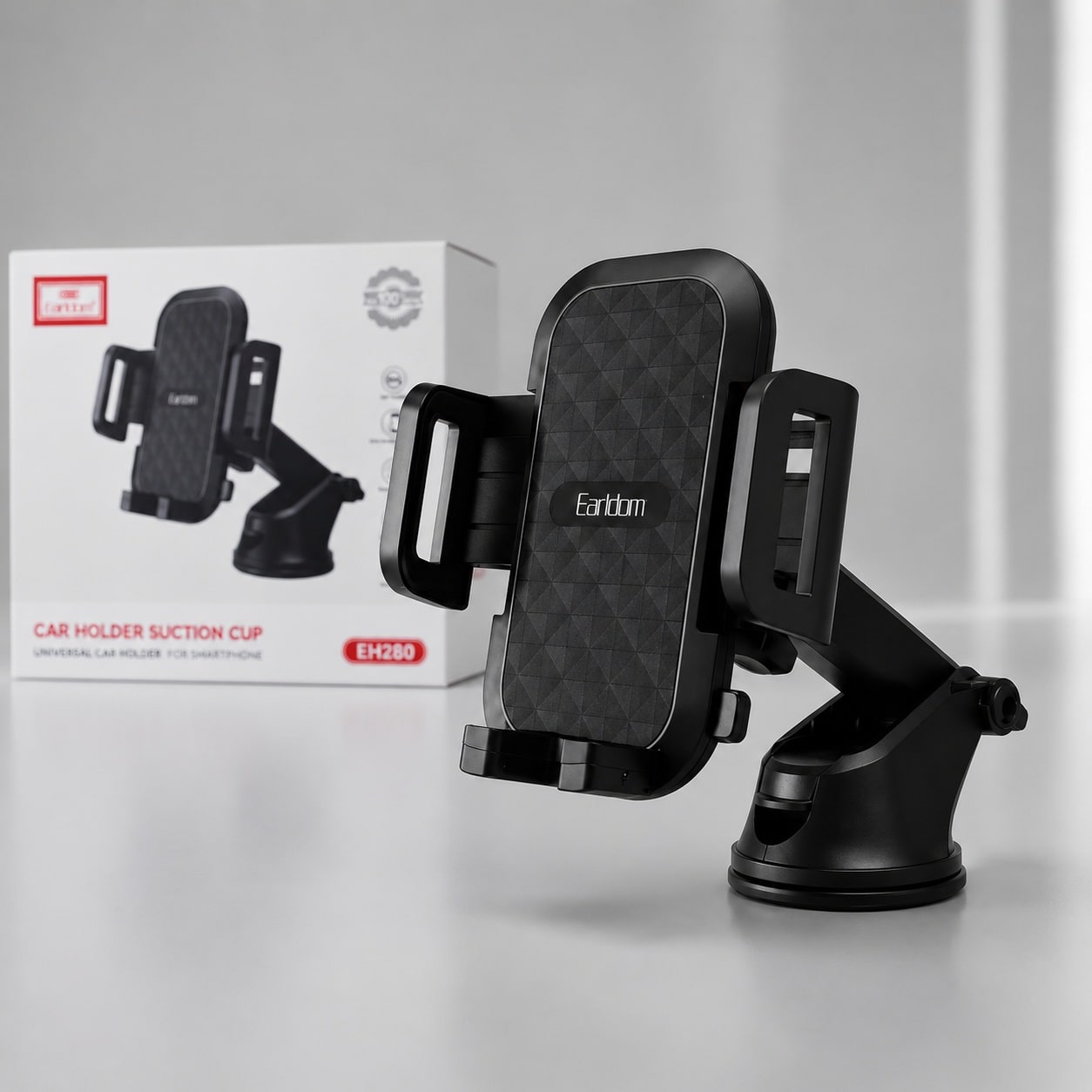 Mbajtëse Telefoni për Makinë Earldom EH280 – Suction Cup, Rotacion 360°, Krah Teleskopik dhe Gravity Linkage