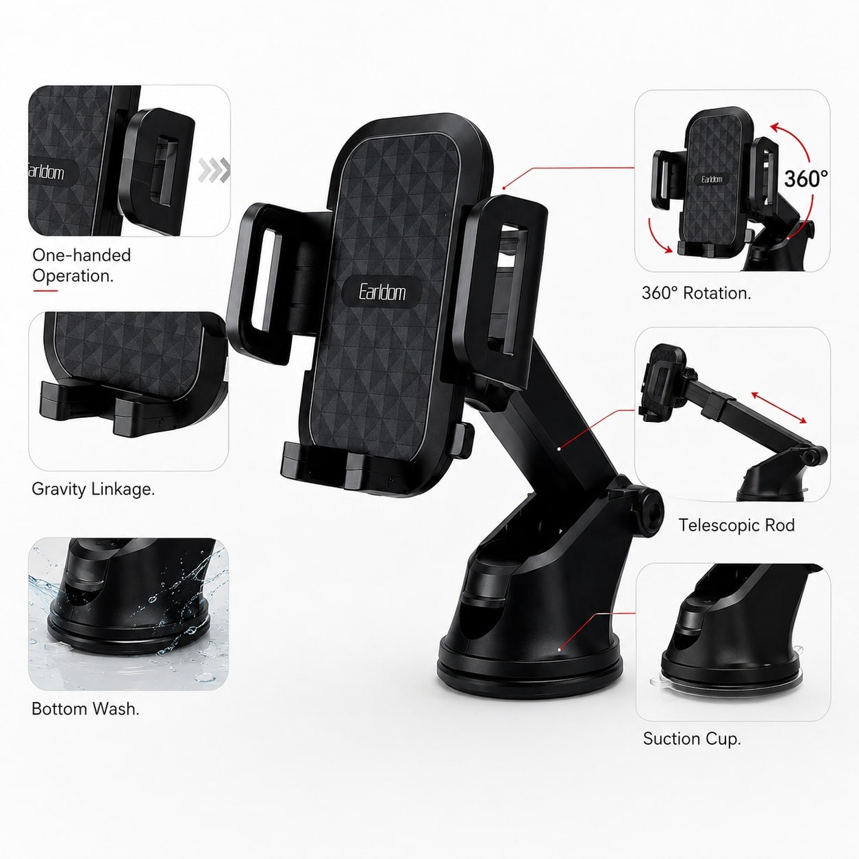 Mbajtëse Telefoni për Makinë Earldom EH280 – Suction Cup, Rotacion 360°, Krah Teleskopik dhe Gravity Linkage - foto 3