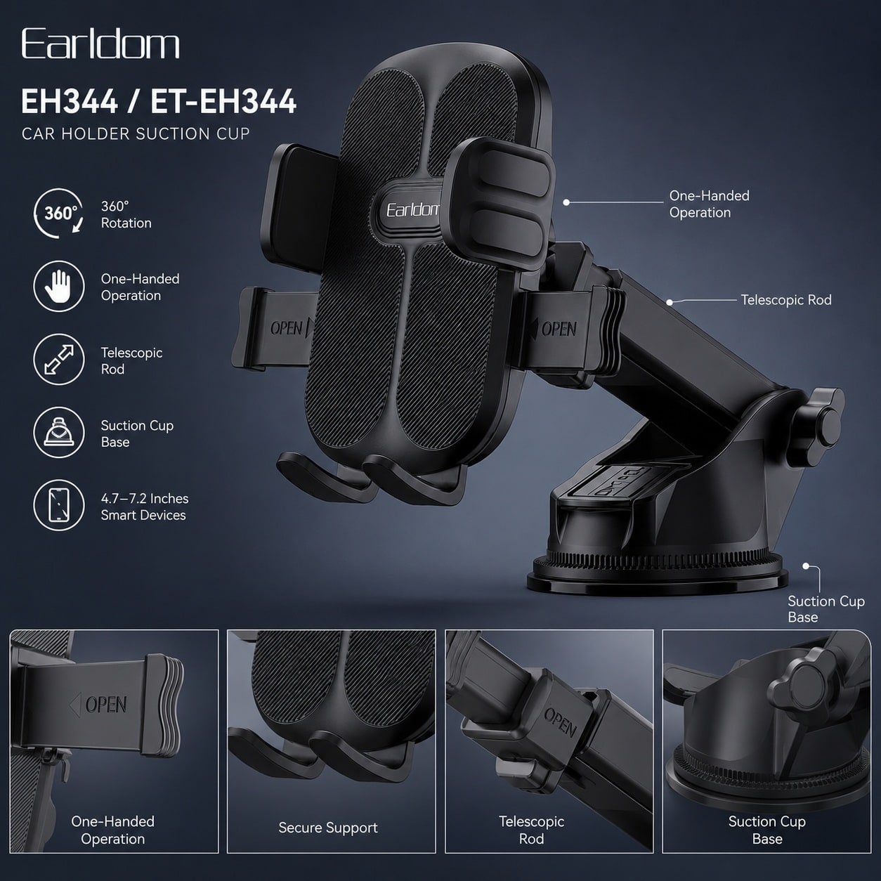 Mbajtëse Telefoni për Makinë Earldom ET-EH344 – Suction Cup, Rotacion 360°, Krah Teleskopik, për Smartphone 4.7–7.2" - foto 3