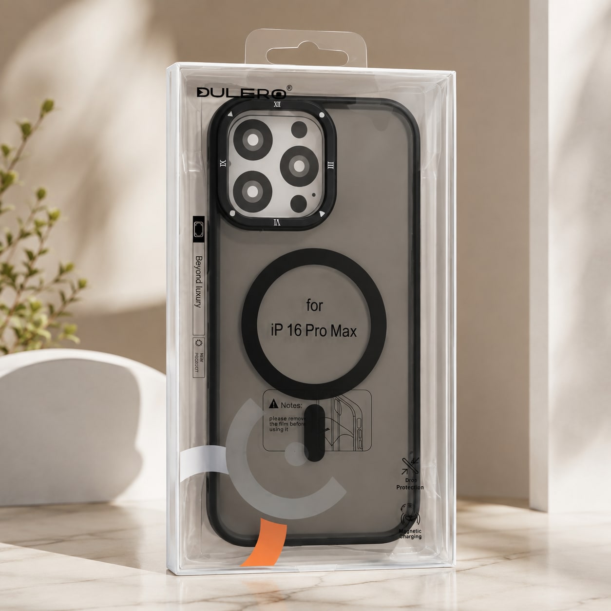 Mbrojtese - case DULERO për iPhone 16 Pro Max – Magnetic Ring për Wireless Charging, Mbrojtje Kamerash dhe Dizajn Smoky Transparent
