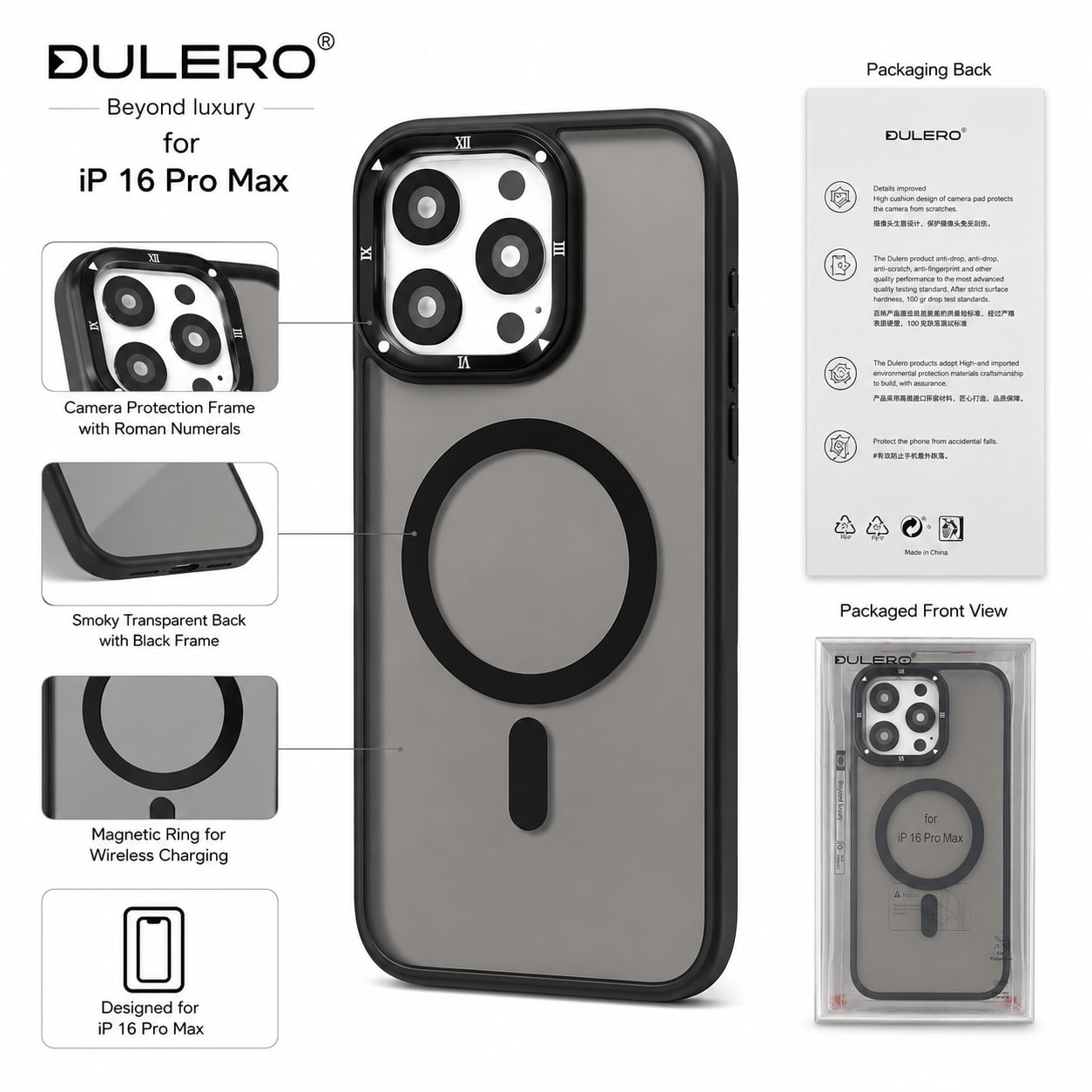 Mbrojtese - case DULERO për iPhone 16 Pro Max – Magnetic Ring për Wireless Charging, Mbrojtje Kamerash dhe Dizajn Smoky Transparent - foto 3