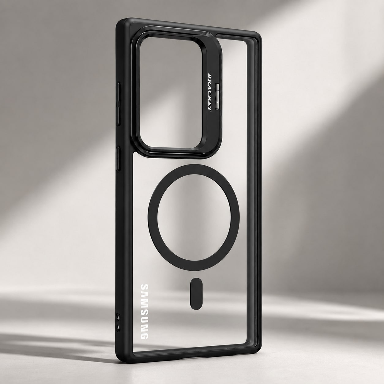 Mbrojtese Magnetike për Samsung Galaxy S24 Ultra me mbrojtje kamerash dhe Bracket – Transparent/Black për mbështetje – e zezë