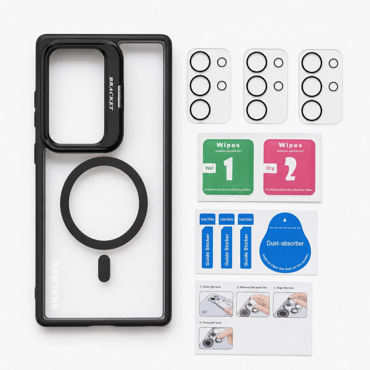 Mbrojtese Magnetike për Samsung Galaxy S24 Ultra me mbrojtje kamerash dhe Bracket – Transparent/Black për mbështetje – e zezë - foto 2