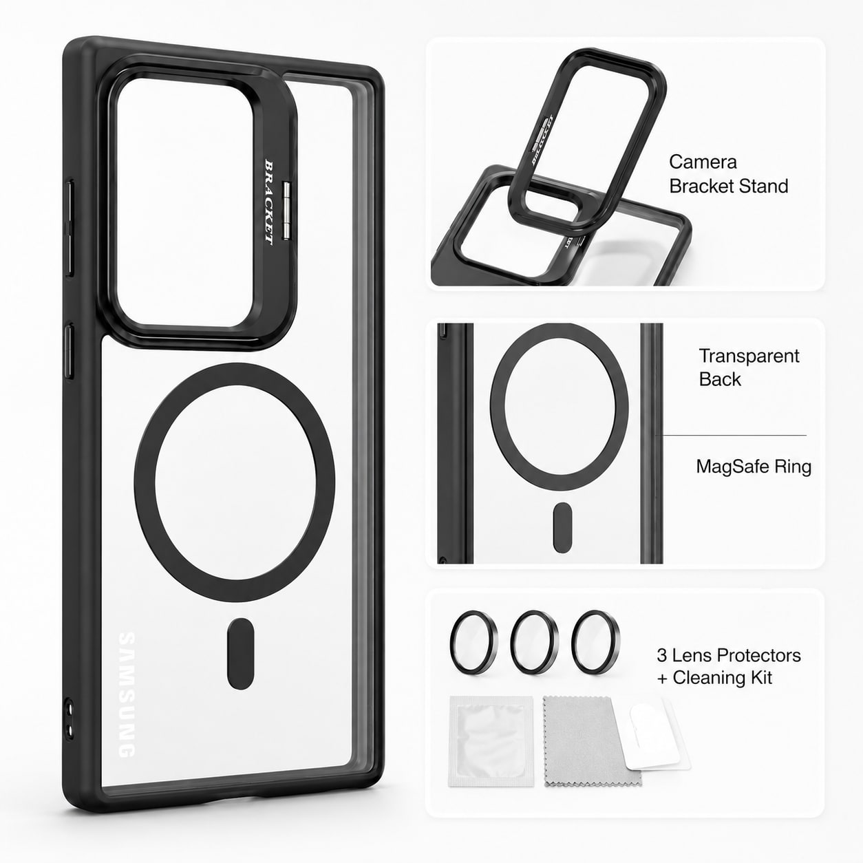 Mbrojtese Magnetike për Samsung Galaxy S24 Ultra me mbrojtje kamerash dhe Bracket – Transparent/Black për mbështetje – e zezë - foto 3