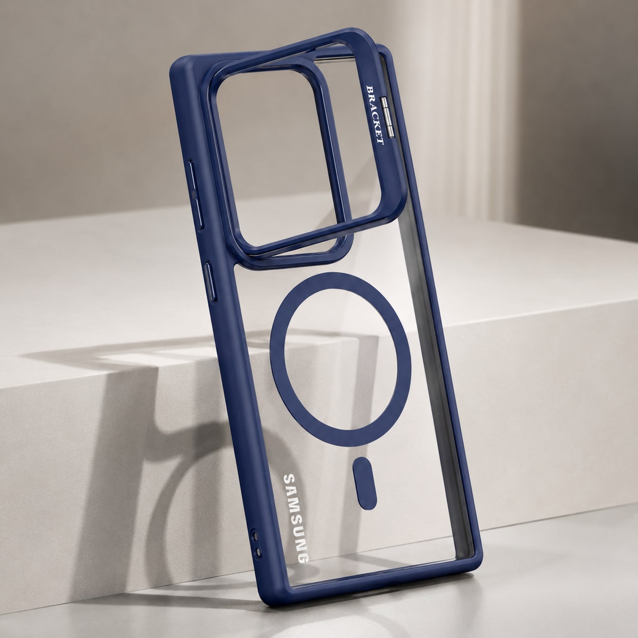 Mbrojtese Magnetike për Samsung Galaxy S24 Ultra me mbrojtje kamerash dhe Bracket – Transparent/Black për mbështetje – e kaltër