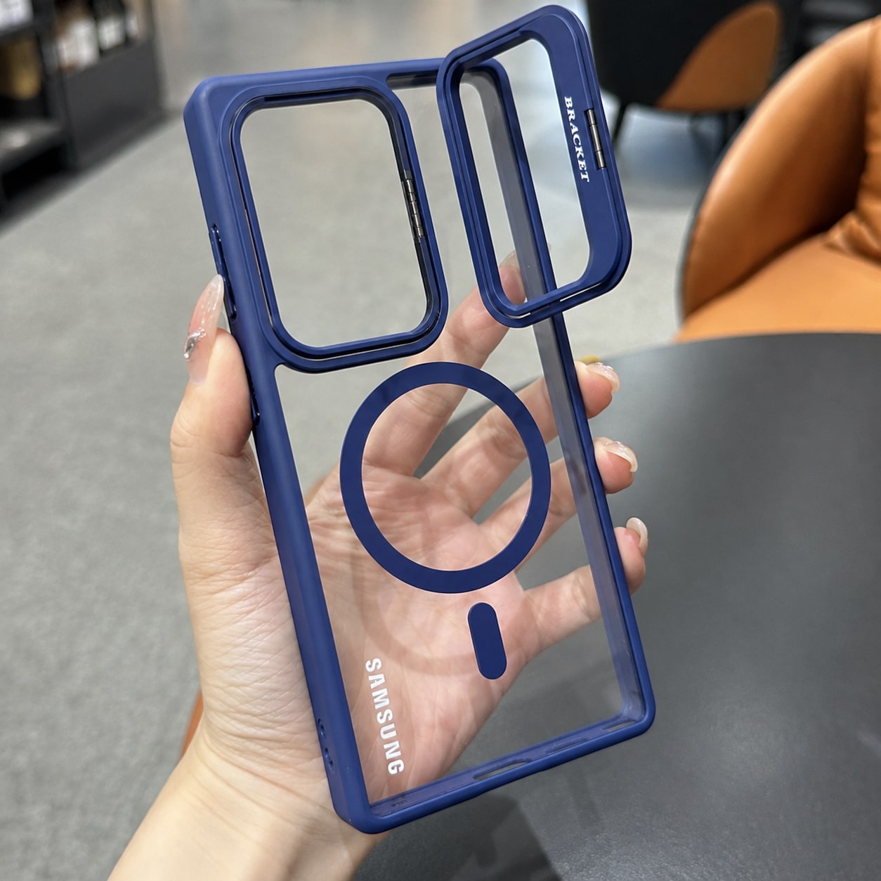 Mbrojtese Magnetike për Samsung Galaxy S24 Ultra me mbrojtje kamerash dhe Bracket – Transparent/Black për mbështetje – e kaltër - foto 2