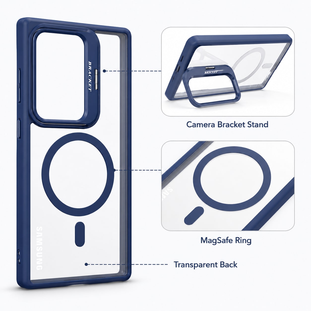 Mbrojtese Magnetike për Samsung Galaxy S24 Ultra me mbrojtje kamerash dhe Bracket – Transparent/Black për mbështetje – e kaltër - foto 3