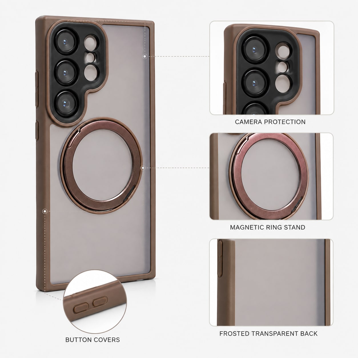 Mbrojtëse për Samsung Galaxy S24 Ultra me Ring të Integruar – Dizajn Frosted/Transparent, Kornizë e kaftë dhe Mbrojtje për Kamera - foto 3