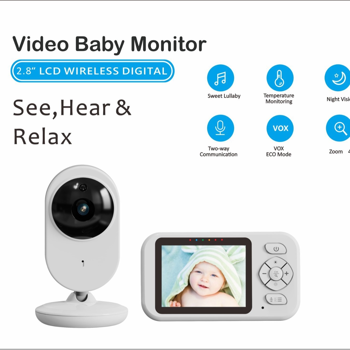 Monitor Video për Foshnje me Ekran LCD 2.8″, Night Vision, Audio Dy-Drejtimëshe, VOX, Temperaturë dhe Zoom 4×
