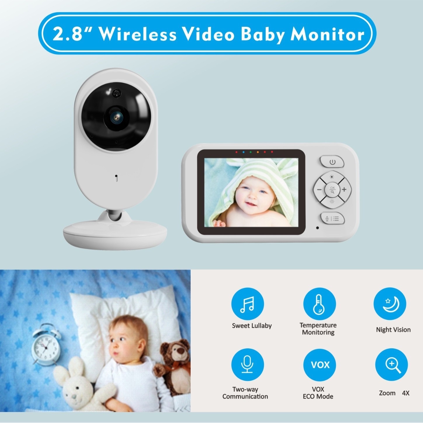 Monitor Video për Foshnje me Ekran LCD 2.8″, Night Vision, Audio Dy-Drejtimëshe, VOX, Temperaturë dhe Zoom 4× – foto 2