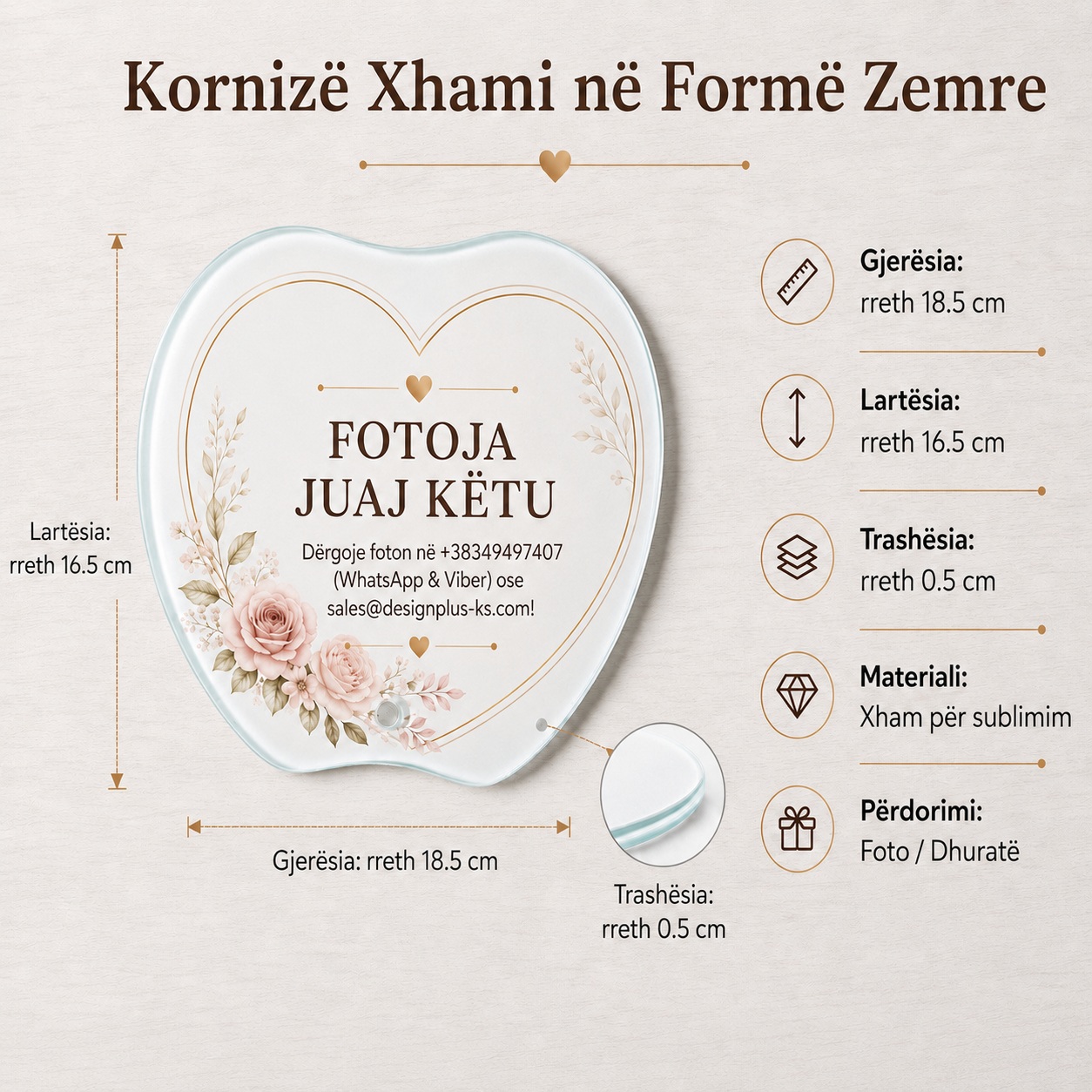 Kornizë Xhami e Personalizuar në Formë Zemre, 16.5x18.5 cm