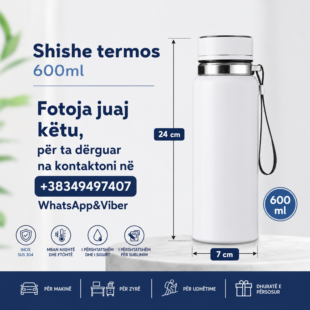 Shishe Termos 600ml e Personalizuar, Inox SUS 304, e Bardhë, Ideale për Sublimim