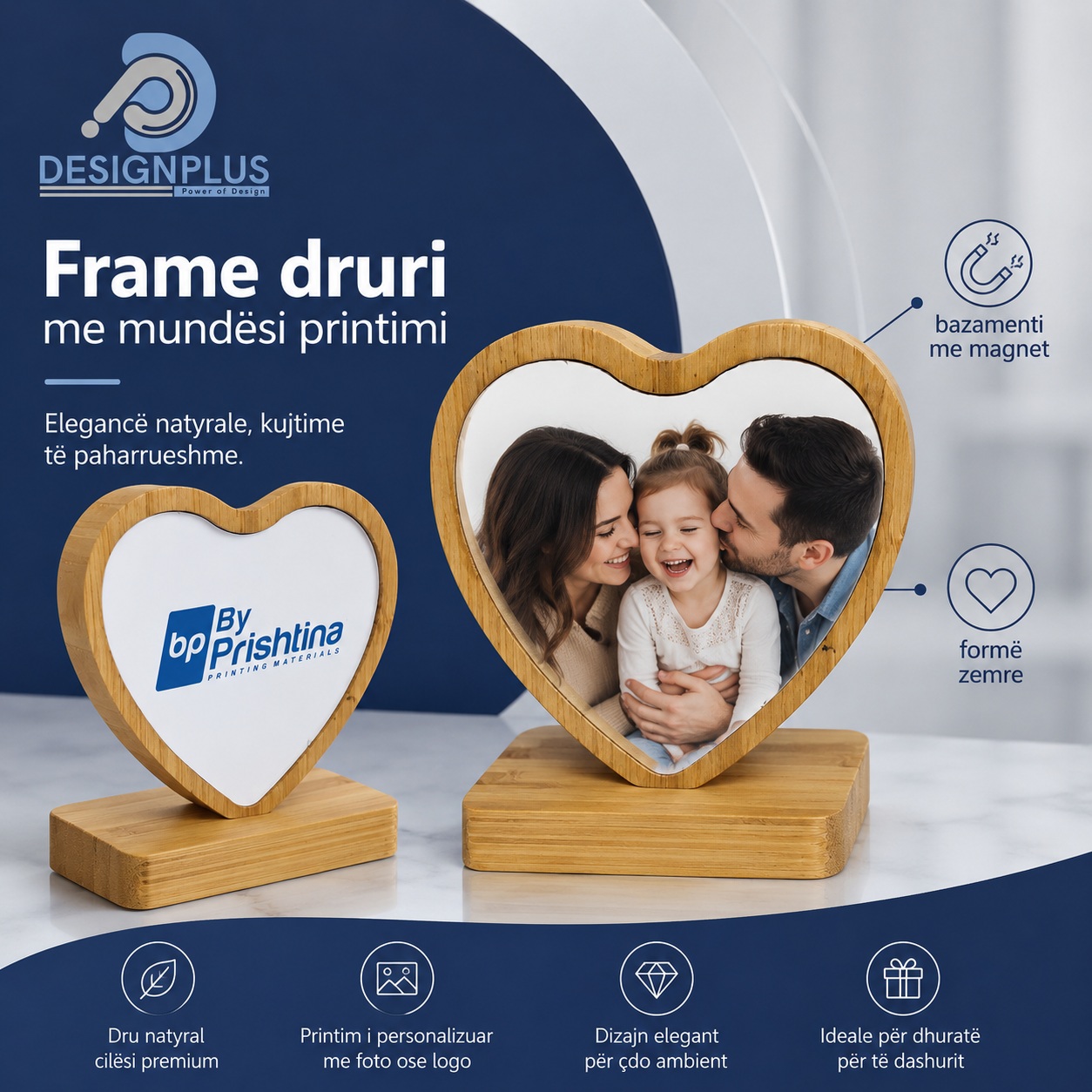 Frame Druri në Formë Zemre për Foto të Personalizuar, Dru Natyral me Bazament