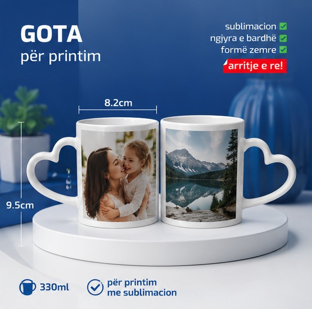 Gotë e Bardhë 330ml me Dorezë Zemër, për Printim me Sublimacion dhe Foto