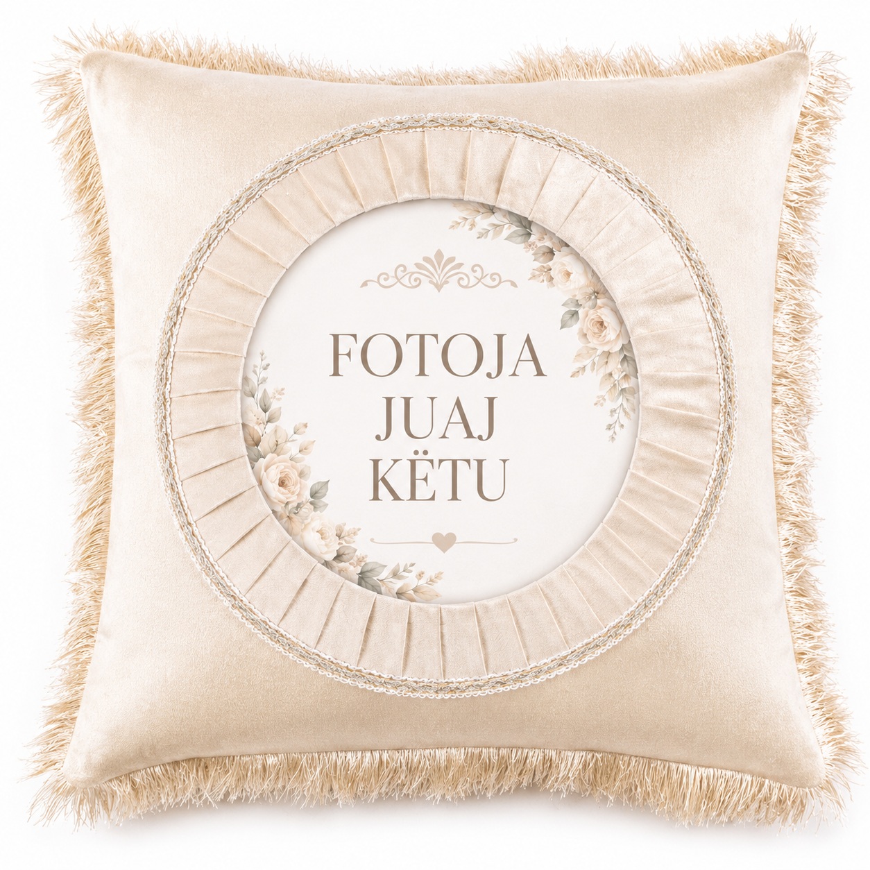 Jastëk i Personalizuar Katror me Franja, Zonë Printimi e Rrumbullakët, Ngjyrë Krem, 40x40 cm