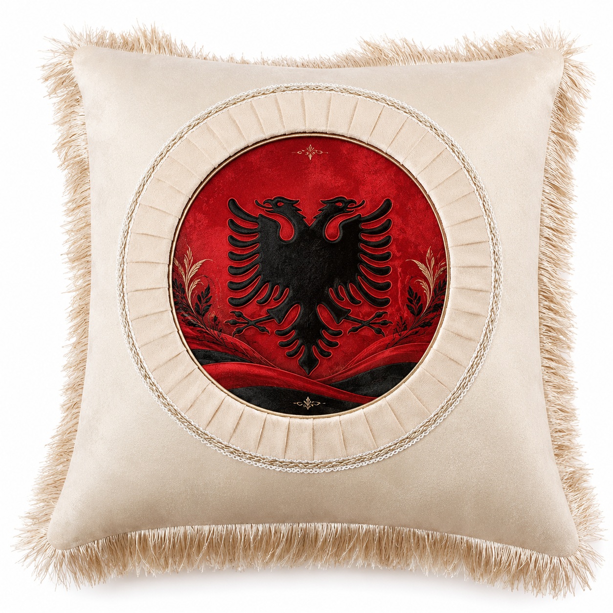 Jastëk i Personalizuar Katror me Franja, Zonë Printimi e Rrumbullakët, Ngjyrë Krem, 40x40 cm