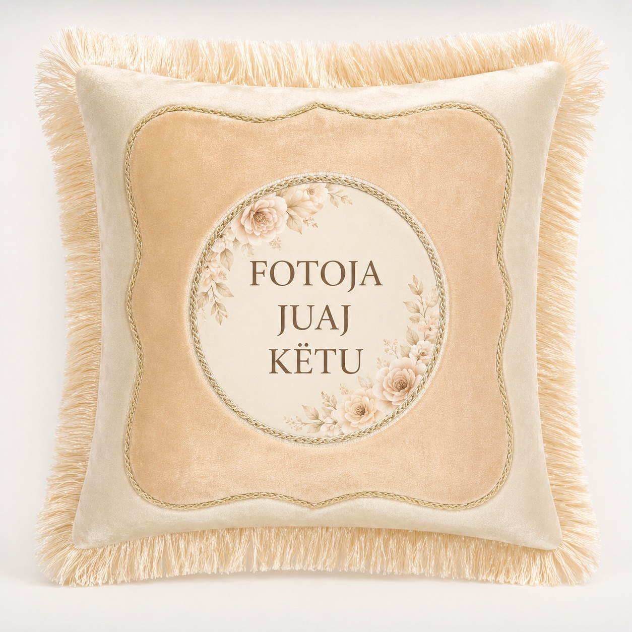 Jastëk i Personalizuar Katror me Franja dhe Kornizë Ngjyrë Ari/Krem, 40x40 cm