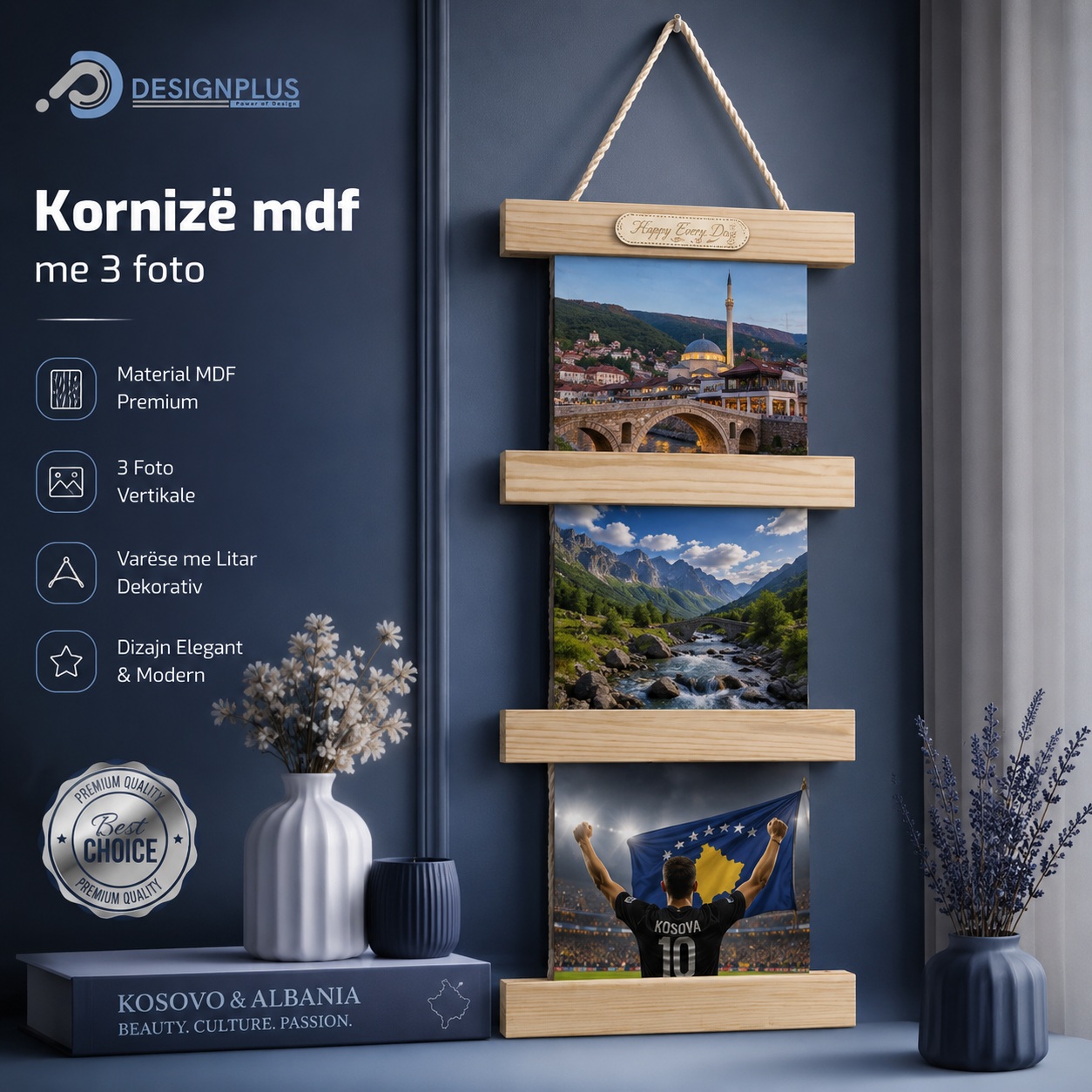 Kornizë MDF me Litar për 3 Foto, e Varur Vertikalisht