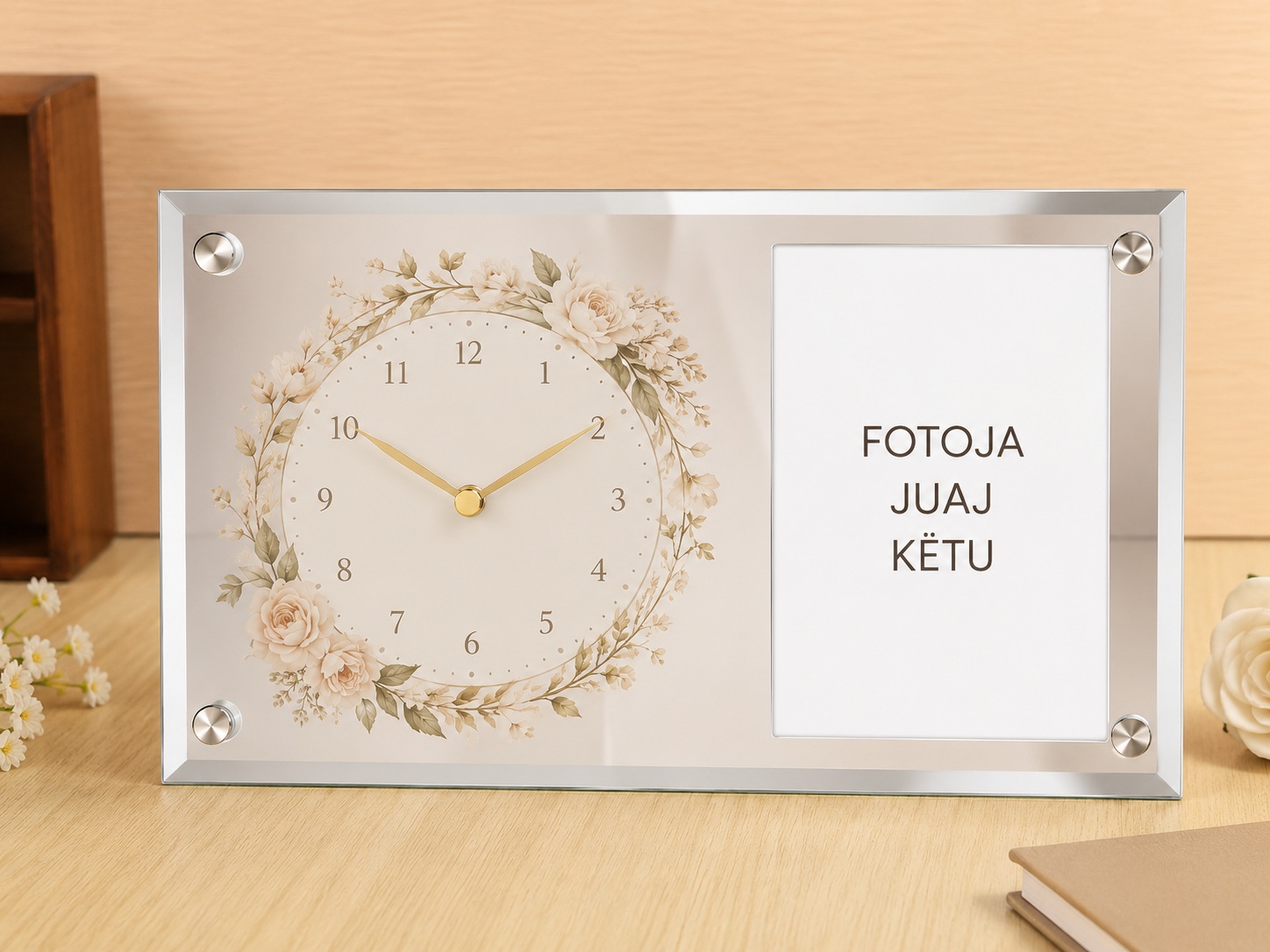 Orë Tavoline prej Xhami e Personalizuar me Kornizë Fotoje, 23x15 cm
