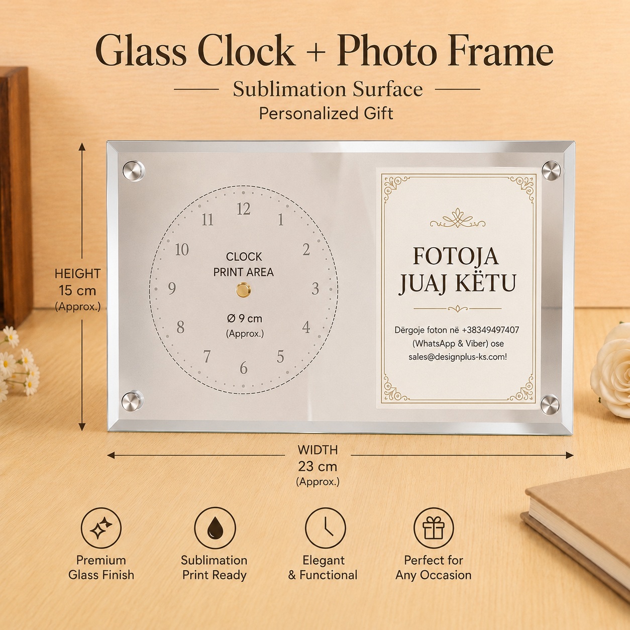 Orë Tavoline prej Xhami e Personalizuar me Kornizë Fotoje, 23x15 cm