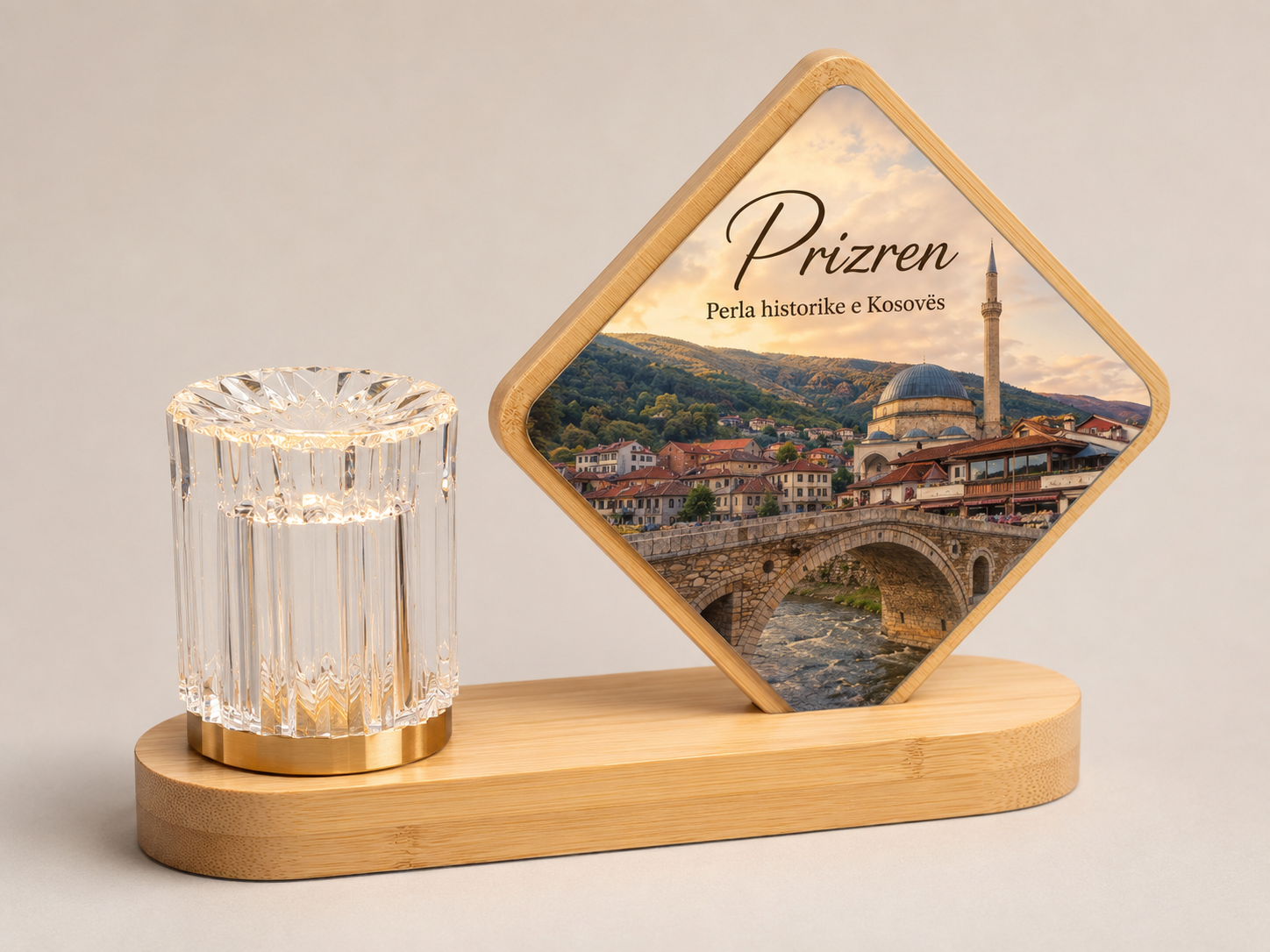 Dhuratë druri me dritë LED, formë katërkëndëshe, e personalizuar me foto - foto 1