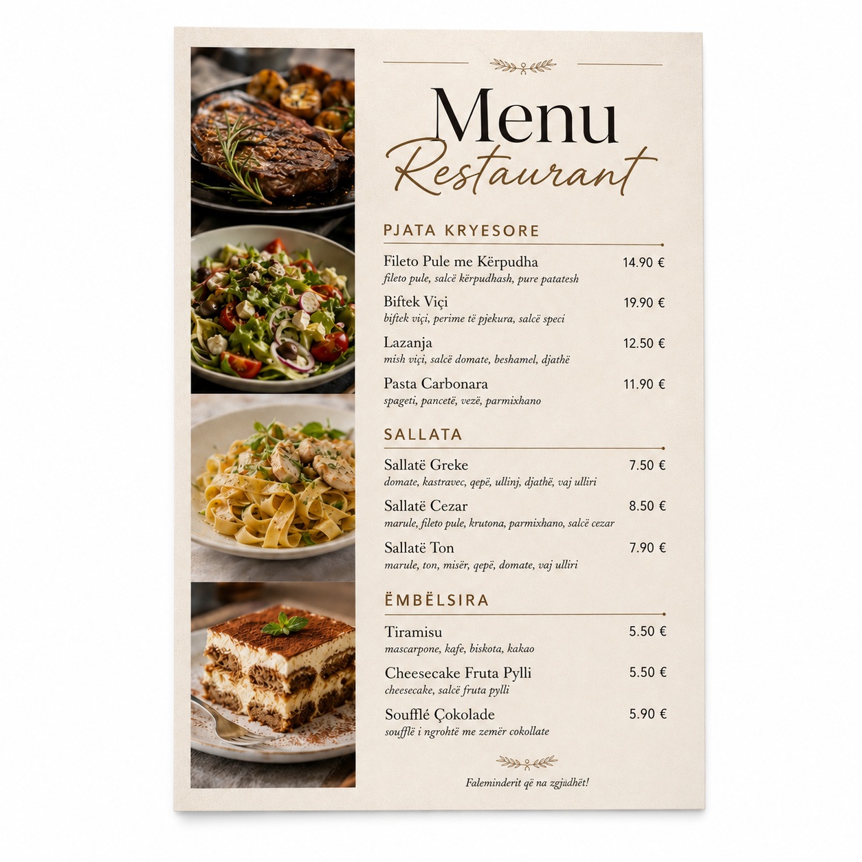 Menu Restoranti e Personalizuar dhe Laminuar, Formate A3/A4/A5
