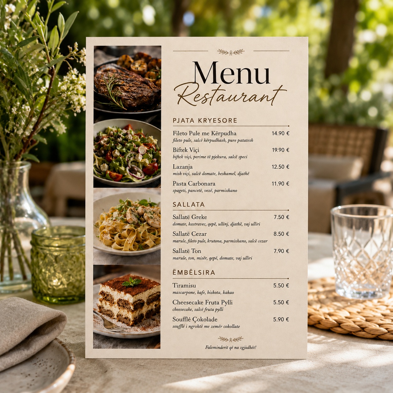 Menu Restoranti e Personalizuar dhe Laminuar, Formate A3/A4/A5