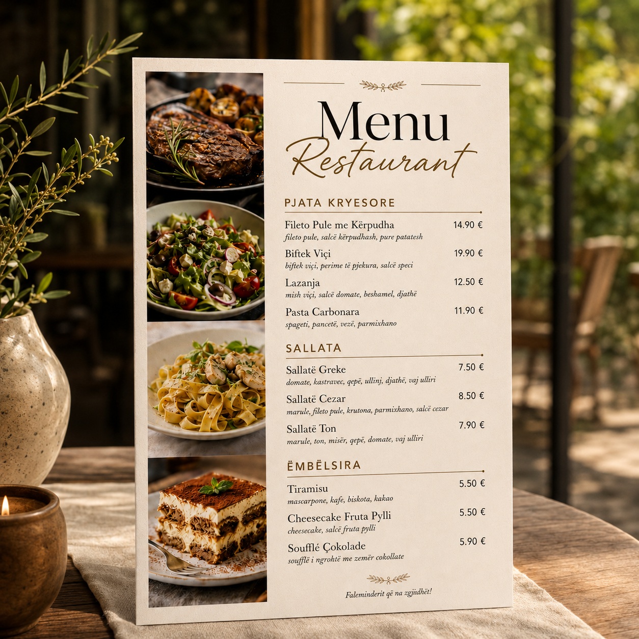 Menu Restoranti e Personalizuar dhe Laminuar, Formate A3/A4/A5