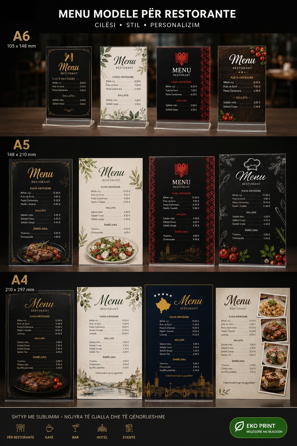 Menu Restoranti e Personalizuar dhe Laminuar, Formate A3/A4/A5