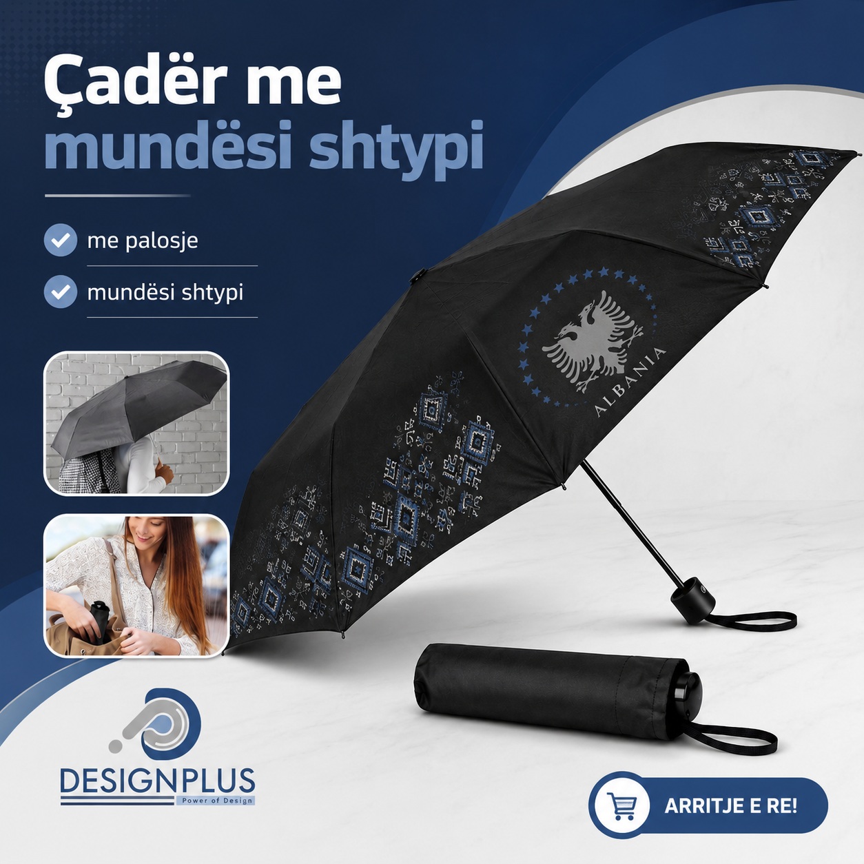 Çadër me Palosje e Personalizuar, Ngjyrë e Zezë (Për Sublimim/Shtyp)