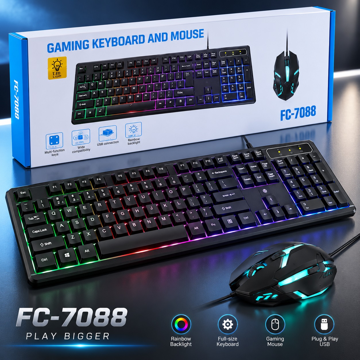 Set Gaming FC-7088 – Tastierë dhe Maus me Ndriçim Shumëngjyrësh – foto 4