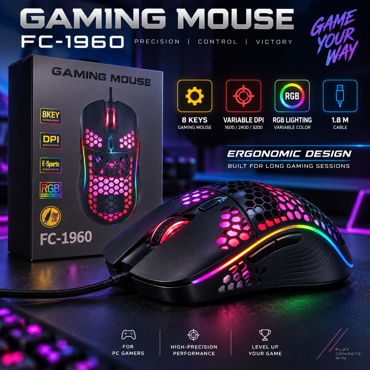 Maus Gaming FC-1960 me Ndriçim Shumëngjyrësh dhe Dizajn Honeycomb – foto 5