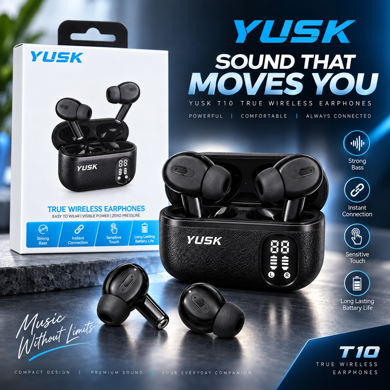 Kufje pa Kabllo YUSK T10 me Bluetooth 5.4 dhe Kuti me Ekran LED – foto 5