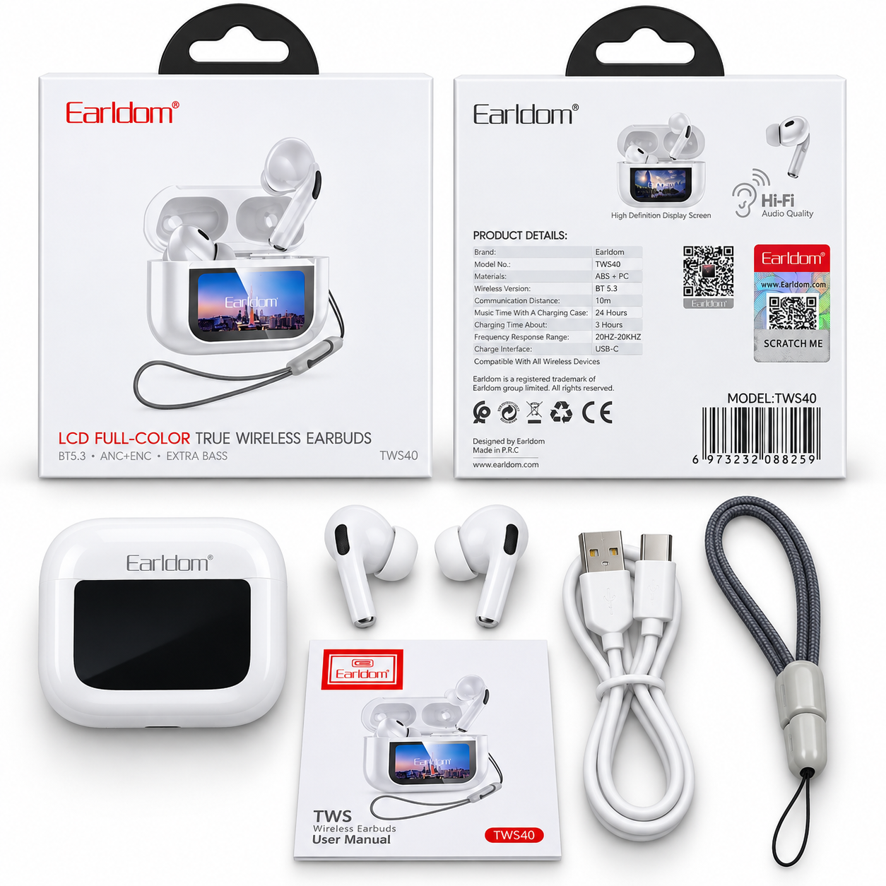 Kufje pa Kabllo Earldom TWS40 me Bluetooth 5.3 dhe Kuti me Ekran me Prekje
