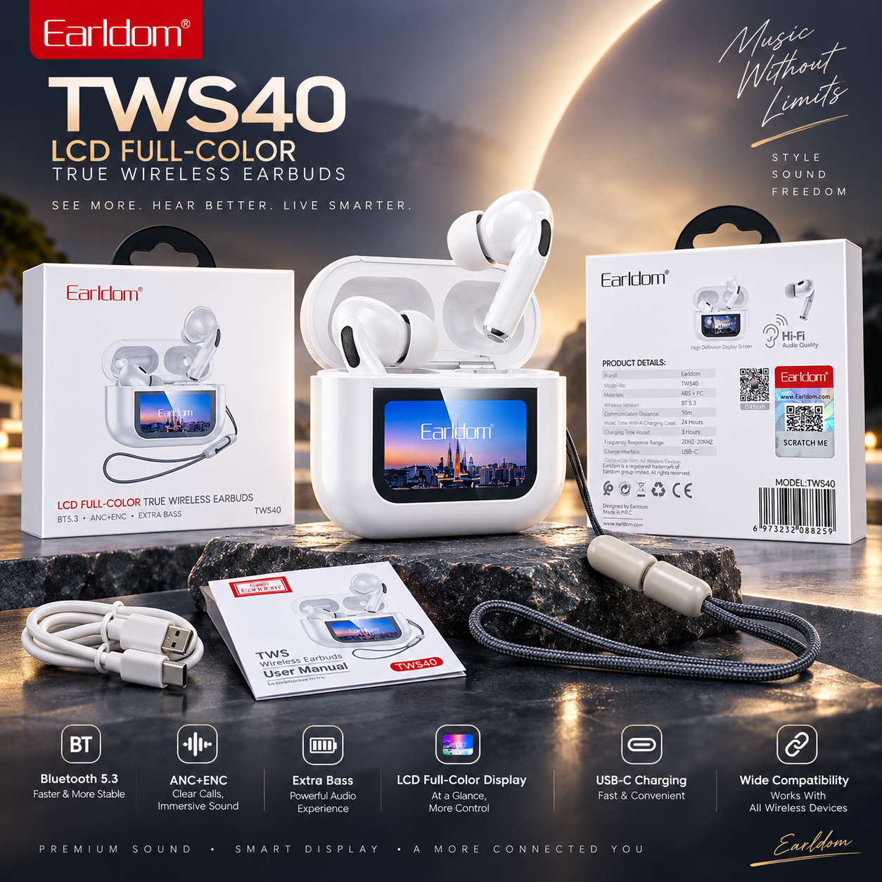 Kufje pa Kabllo Earldom TWS40 me Bluetooth 5.3 dhe Kuti me Ekran me Prekje – foto 5