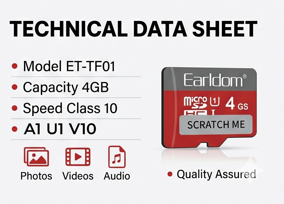 Kartë Kujtese MicroSDHC Earldom 4GB Class 10, me dizajn modern dhe funksional, për përdorim të përditshëm, ngjyrë e zezë