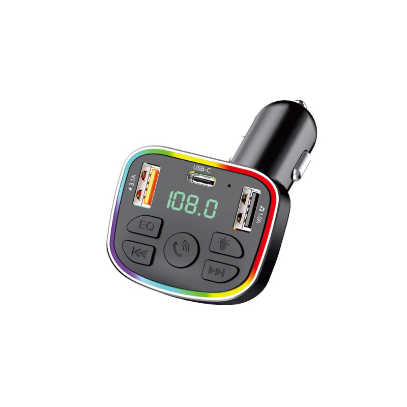 Modulator FM & Karikues Makine me Dritë RGB (USB-C & USB-A), me ndriçim modern LED/RGB, për përdorim në veturë, e zezë me kornizë rgb