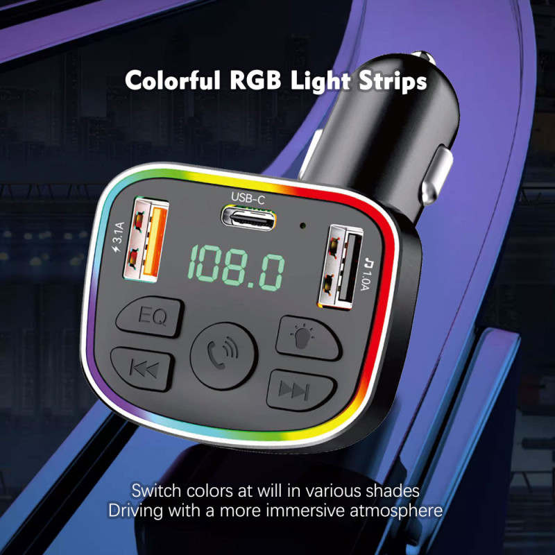 Modulator FM & Karikues Makine me Dritë RGB (USB-C & USB-A), me ndriçim modern LED/RGB, për përdorim në veturë, e zezë me kornizë rgb