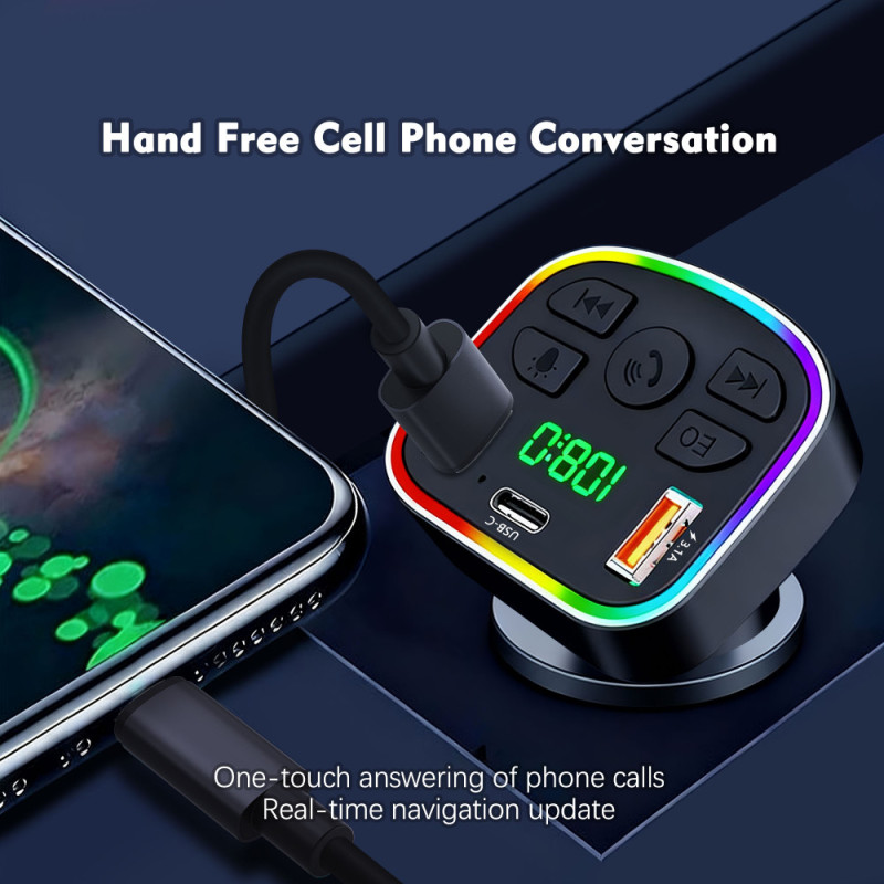 Modulator FM & Karikues Makine me Dritë RGB (USB-C & USB-A), me ndriçim modern LED/RGB, për përdorim në veturë, e zezë me kornizë rgb