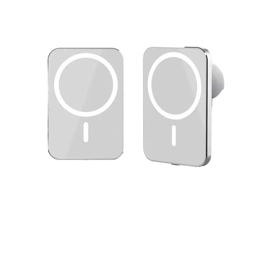 Mbajtëse Makine me Karikues Wireless Magnetik (Stili MagSafe) 5000 mAh, magnetik dhe praktik, për përdorim në veturë, e bardhë/argjend
