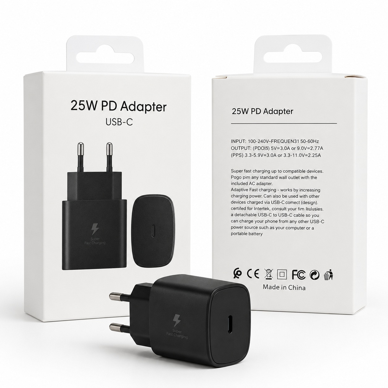 Adapter Karikimi 25W PD USB-C (Super Fast Charging), me karikim të shpejtë, për shtëpi, zyrë dhe udhëtime, ngjyrë e zezë